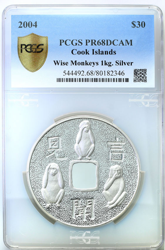 Cook Islands. 30 Dolarów 2004 - Mądre małpy - 1kg Ag PCGS PR68 DCAM (MAX)